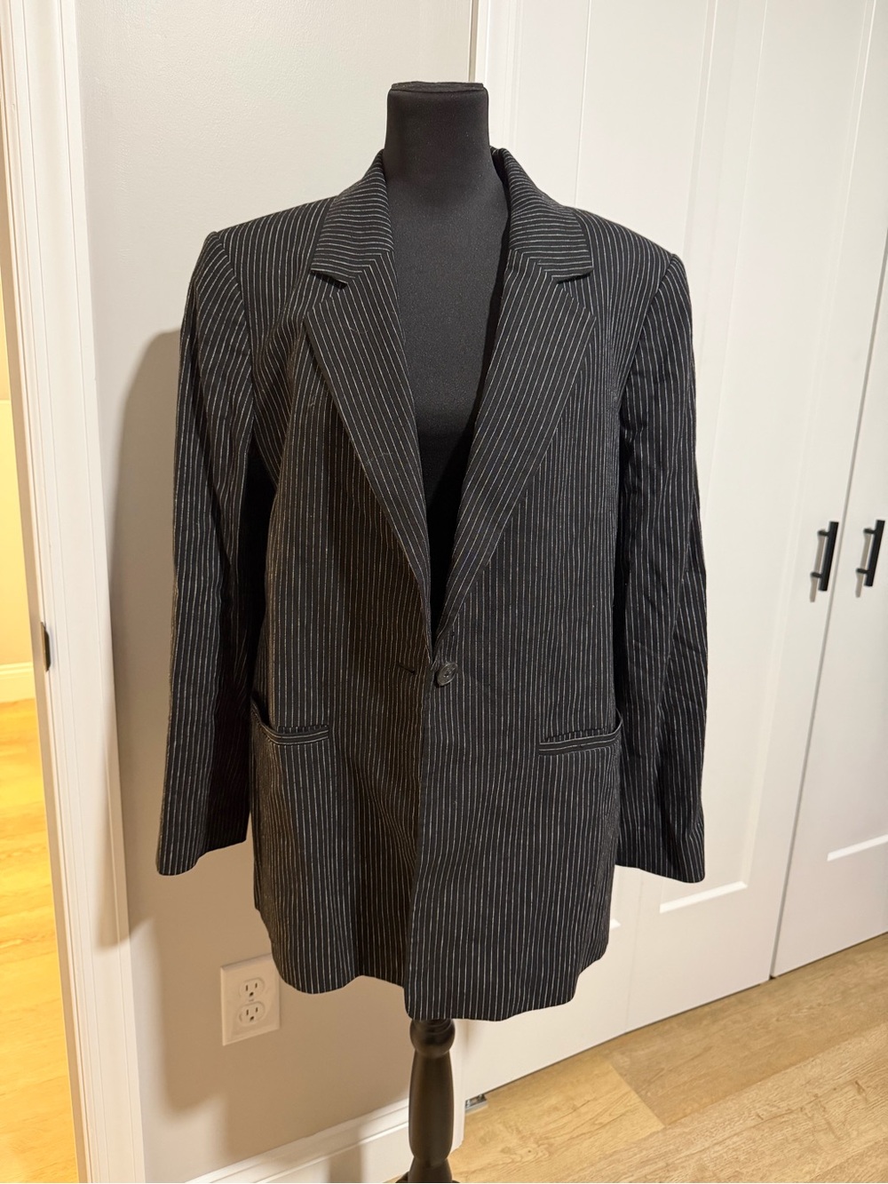 DKNY Black Pinstripe Single-Button Blazer